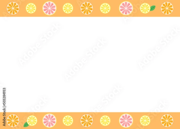 Fototapeta 柑橘系の果物をあしらったオレンジ色のフレーム（オレンジ、レモン、ピンクグレープフルーツ）