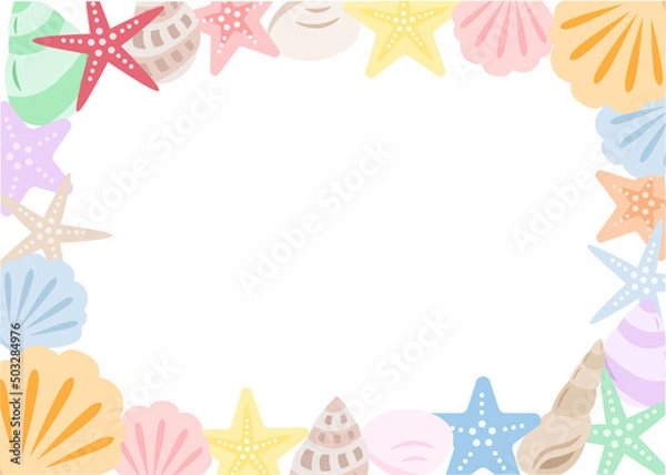 Fototapeta カラフルな貝殻とヒトデのフレーム