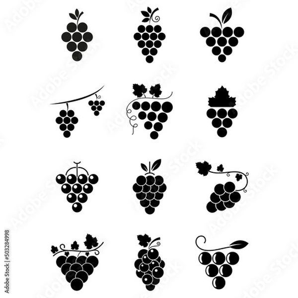 Fototapeta Grape icon set. Bunch of grapes in flat style black color. Berry icon isolated on white background. Logo for wine, champagne, juice. Vector illustration for web design