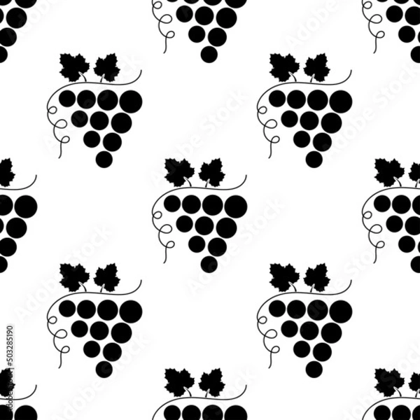 Fototapeta Seamless pattern with bunch of grapes. Black sign grape on white background. Berry flat icon. Modern design for print on fabric, wrapping paper, wallpaper, packaging. Vector illustration