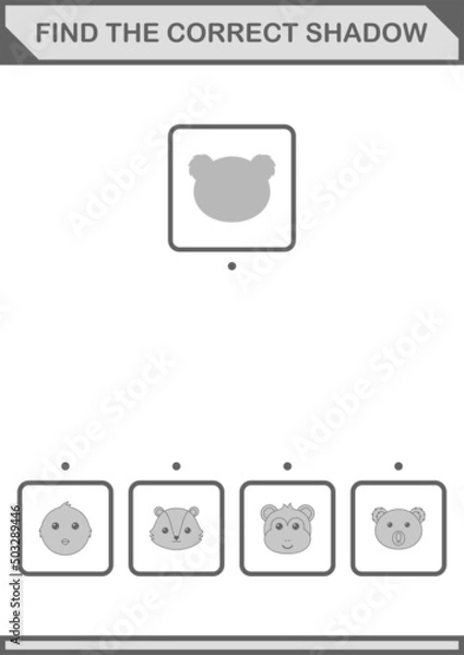 Fototapeta Find the correct shadow Koala face. Worksheet for kids