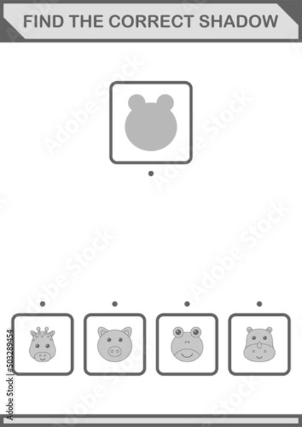 Fototapeta Find the correct shadow Frog face. Worksheet for kids