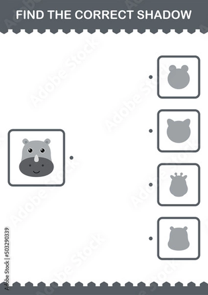 Fototapeta Find the correct shadow Rhinoceros face. Worksheet for kids