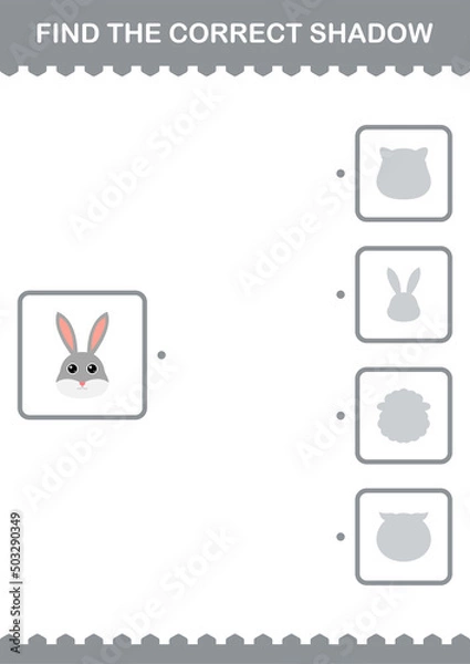 Fototapeta Find the correct shadow Rabbit face. Worksheet for kids
