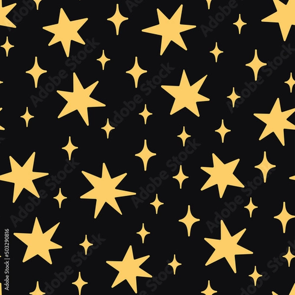 Fototapeta Vector seamless pattern with hand-drawn stars on black background. Night sky art texture. Modern illustration print. Simple doodle for any surface design.