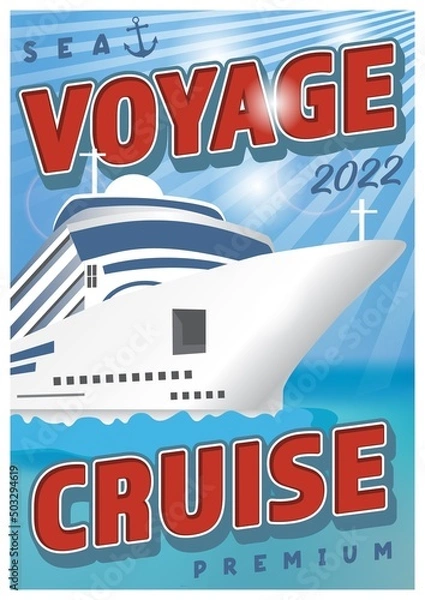 Fototapeta Poster with cruise ship in the open ocean, transatlantic liner. Colorful travel illustration