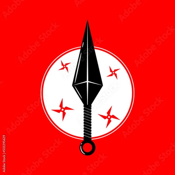 Fototapeta Ninja weapon kunai blade and shuriken star with white circle on red background japanese style flat vector icon design.