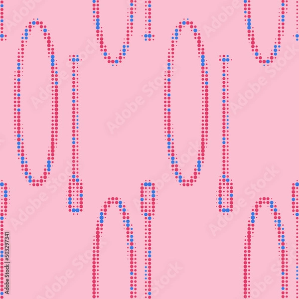 Fototapeta Seamless pattern with SUP board and standing paddle made up of dots. Endless vector sports label. SUP in flat design style in pink and blue colors.
