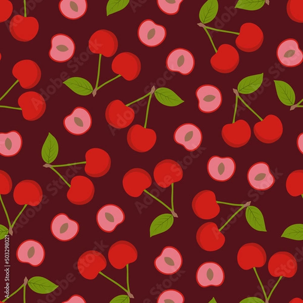 Fototapeta Seamless fruit pattern - hand drawn cartoon design. Repeatable red background with cherries. Trendy summer endless print. Vector illustration