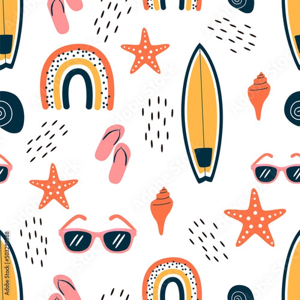 Obraz Summer pattern. Vector seamless pattern with summer symbols, such as surfboard, seaglass, and starfish. Isolated on white.