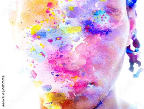 Fototapeta Paintography. Portrait of a man with a painting depicting an emotional state