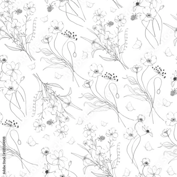 Fototapeta Seamless pattern with botanic outline wildflower, branch, leaves. Hand drawn floral abstract pencil sketch field flower, plant on white background line art illustration for textile, fabric, packaging