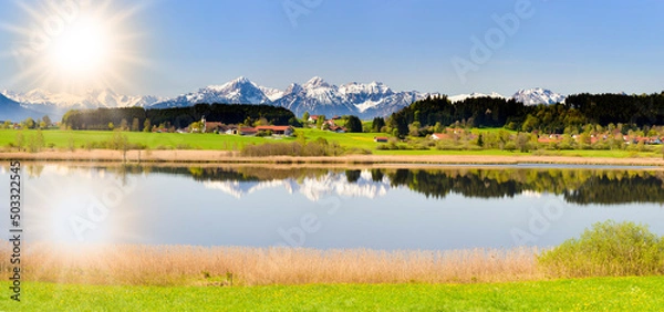 Fototapeta panoramic landscape with lake and mountain range