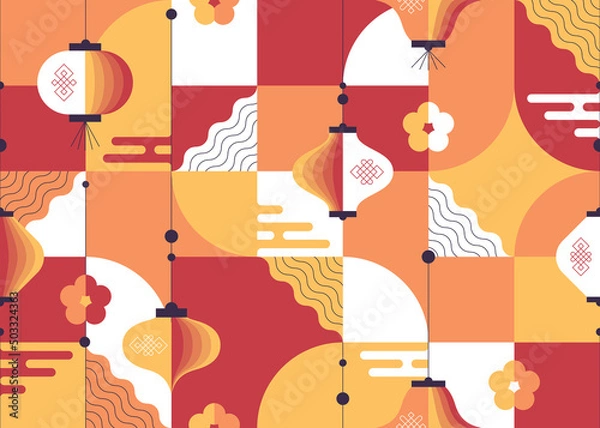 Obraz Seamless geometrical flat design pattern with asian lanterns, China New year background.