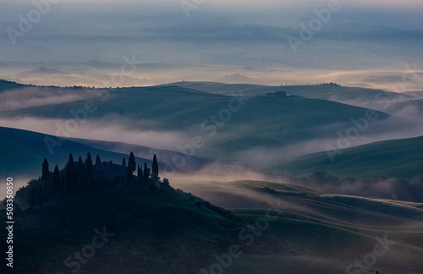 Obraz morning fog over mountains in Tuscany Italy