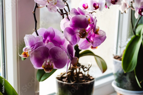 Fototapeta Close up view of a pink flowering orchid on the window.