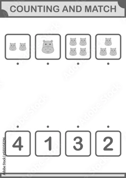 Fototapeta Counting and match Rhinoceros face. Worksheet for kids
