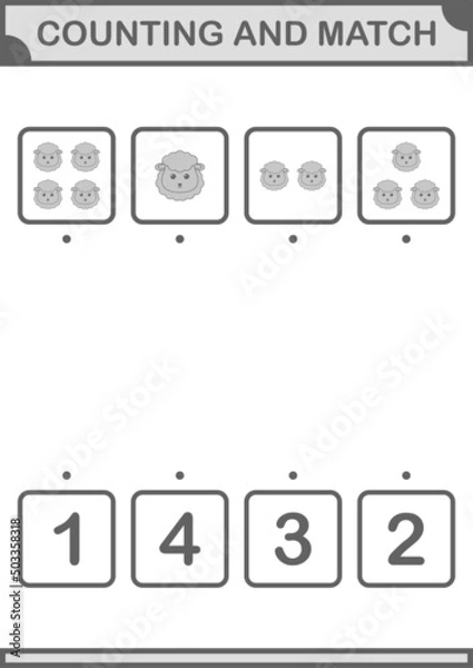 Fototapeta Counting and match Sheep face. Worksheet for kids