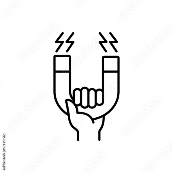 Fototapeta Magnet vector thin line icon. Hand holding magnet with lightning.