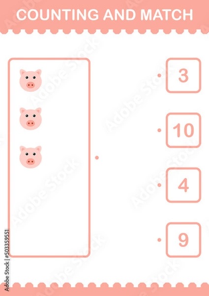 Obraz Counting and match Pig face. Worksheet for kids