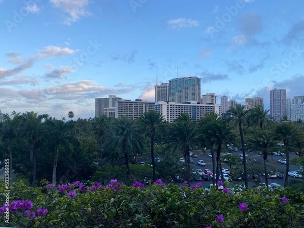 Fototapeta Oahu Island city of Waikiki beach open air view, year 2022 May