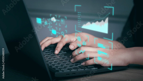 Fototapeta Analyst working with Business Analytics and Data Management System concept. Make report with with KPI financial charts and graph and automated marketing dashboard.