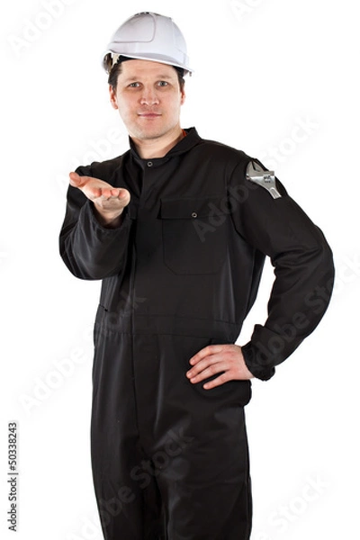 Fototapeta Handyman wearing uniform and hardhat