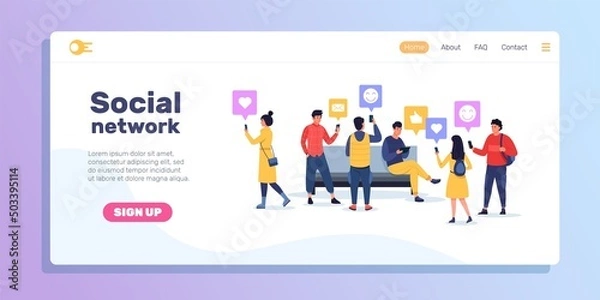 Fototapeta People social landing. Persons communicating via smart devices in social media network. Vector likes and reaction web site template.