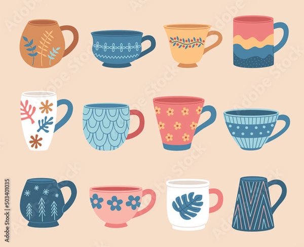 Fototapeta Set of various tea cups. Cute dishes different shapes and ornaments. Hand drawn color vector illustration isolated on beige background. Modern flat cartoon style.