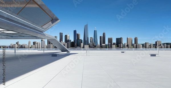 Fototapeta Perspective view of empty concrete floor and modern rooftop building