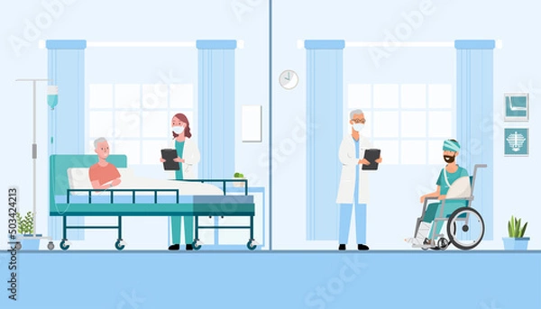 Obraz doctor and patients inside a hospital's room on flat style. Vector illustration cartoon character