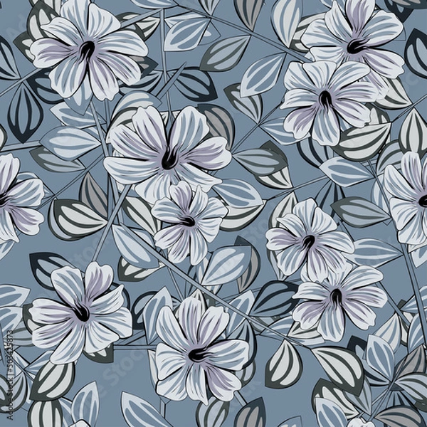 Fototapeta Grey seamless background with Cosmos wildflowers and grass. Pattern for printing on the material, advertising booklets. Stylized as a watercolor.