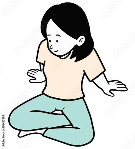 Fototapeta あぐらをかいて座る女性のイラスト素材　斜め上からのアングル