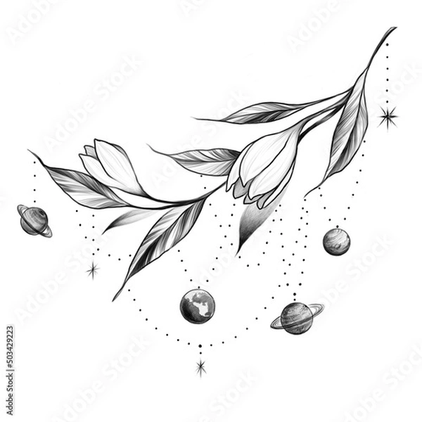 Obraz Graphic tattoo style illustration with flower branch and space planets
