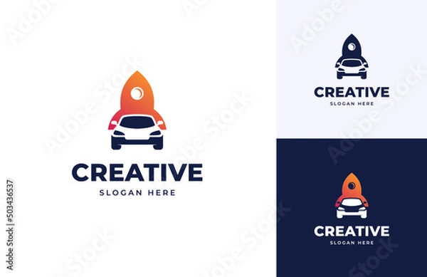 Fototapeta Rocket launch blast tech with creative car automotive negative space road vector logo design