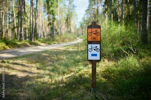 Obraz Szlak rowerowy ścieżką leśną. Oznakowanie trasy rowerowej. Mała głębia ostrości, bokeh, f/1,4. Zieleń, błękit, wiosna.