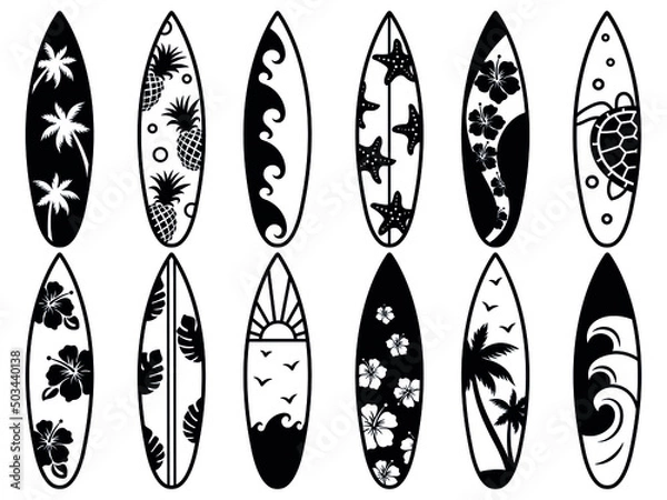 Fototapeta Set of hawaiian surfboard. Collection of flower blackboard for surfing. Activity lifestyle. Extreme water leisure. Vector Illustration of summer sport.