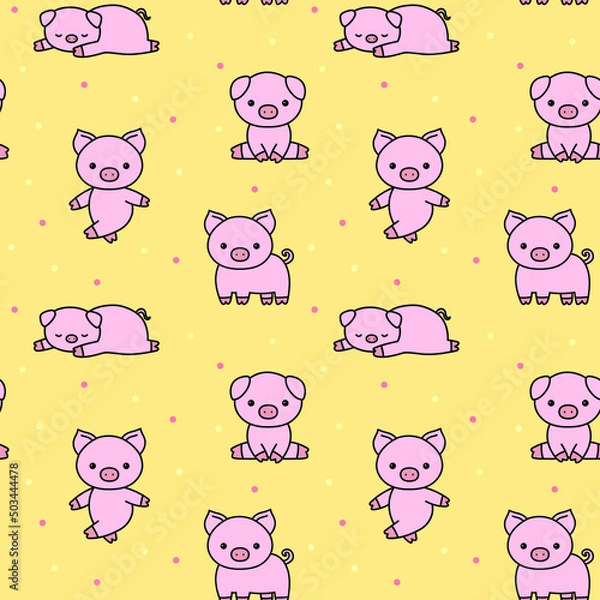 Obraz Cute doodle pigs vector seamless pattern, pink pigs on yellow background