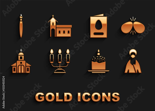 Fototapeta Set Candelabrum with candlesticks, Easter eggs, Jesus Christ, cake, Church building, Greeting card Happy, Paint brush and icon. Vector