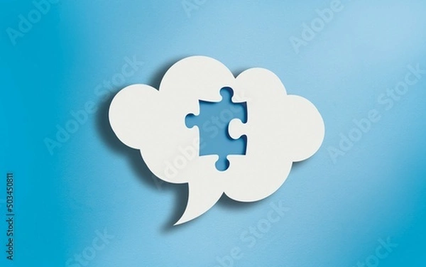 Fototapeta Jigsaw Puzzle Icon in White Cloud Speech Bubble on Blue