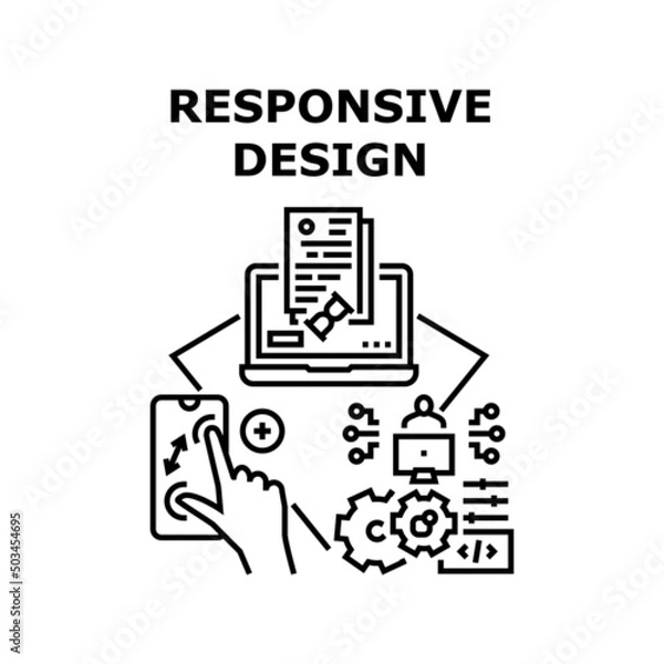 Obraz Responsive Design Vector Icon Concept. Responsive Design Develop Programmer On Computer For Possibility Zooming Picture On Smartphone And Uploading Document In Internet Black Illustration