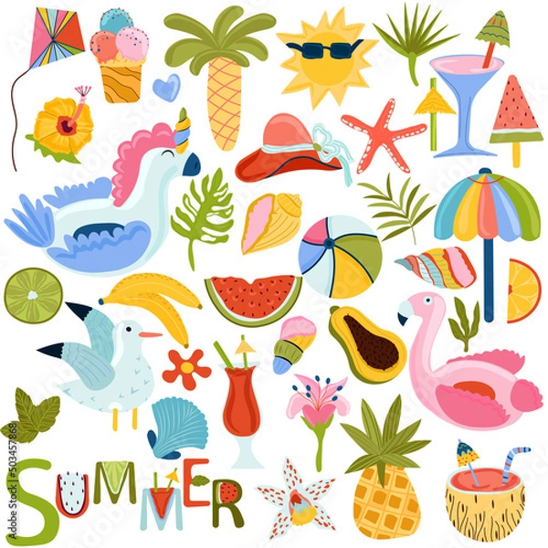 Fototapeta Set of Summer elements tropical leaves, palm, exotic cocktails, ice cream, inflatable flamingo, unicorn, exotic fruits and other. Summer lettering. Vector illustration.