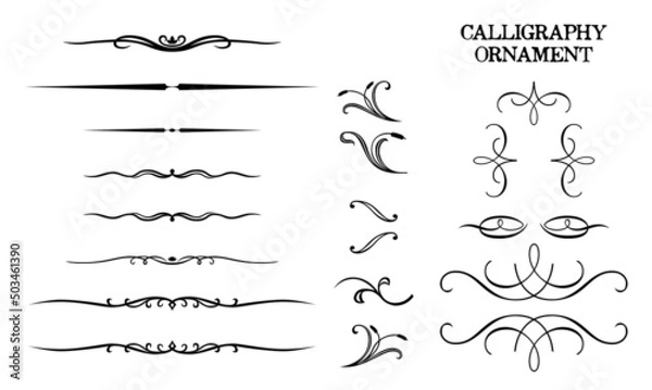 Obraz Calligraphic Frame. Royal Ornament Set. Vintage Element. Decorative Swirl, Vintage Crown, Flourishes. Retro Vector Illustration. Hand Drawn Design. Filigree Divider Wedding. Calligraphy Black