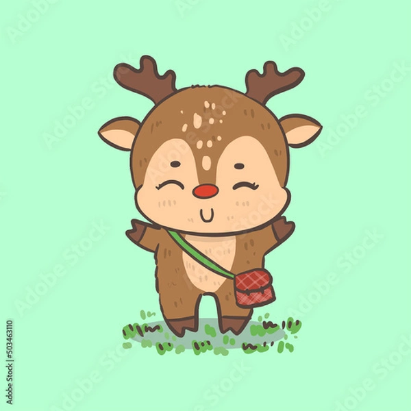 Fototapeta cute reindeer cartoon student animal with bag drawing on paper, back to school