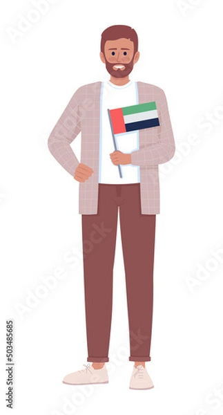 Fototapeta Bearded man with Emirates national flag semi flat color vector character. Standing figure. Full body person on white. Simple cartoon style illustration for web graphic design and animation