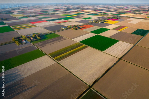 Fototapeta Aerial view of the colorful tulip fields and farmhouses with rows of grand Wind Turbines in Noordoostpolder part of Netherlands