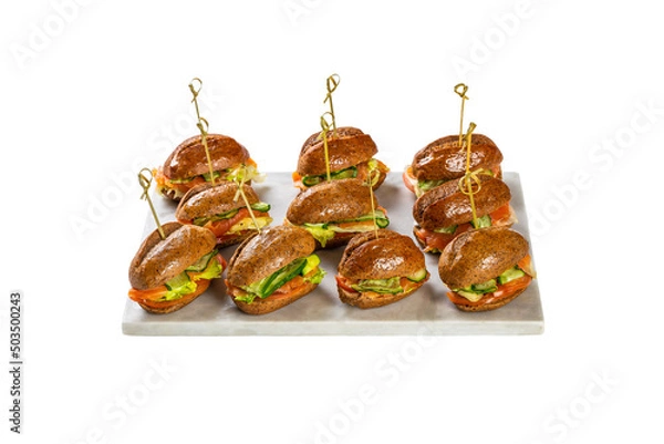 Fototapeta mini sandwiches of whole grain bread with salmon cucumber and lettuce leaves