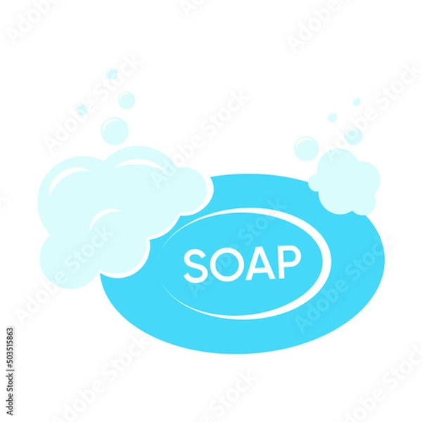 Fototapeta Blue solid soap bar with bubbles flat vector icon. 
