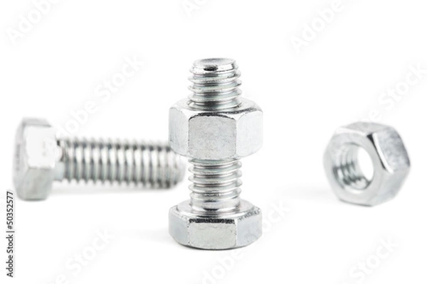 Fototapeta Two bolts with screw-nuts. Isolated on white