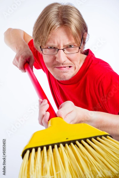 Fototapeta Angry man with broom